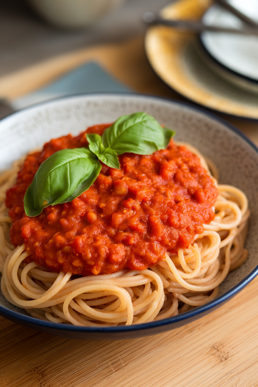 Photo of an indoor pasta bowl featuring whole-wheat spaghetti coated in red lentil tomato sauce, basil leaves on top. No brand names visible.