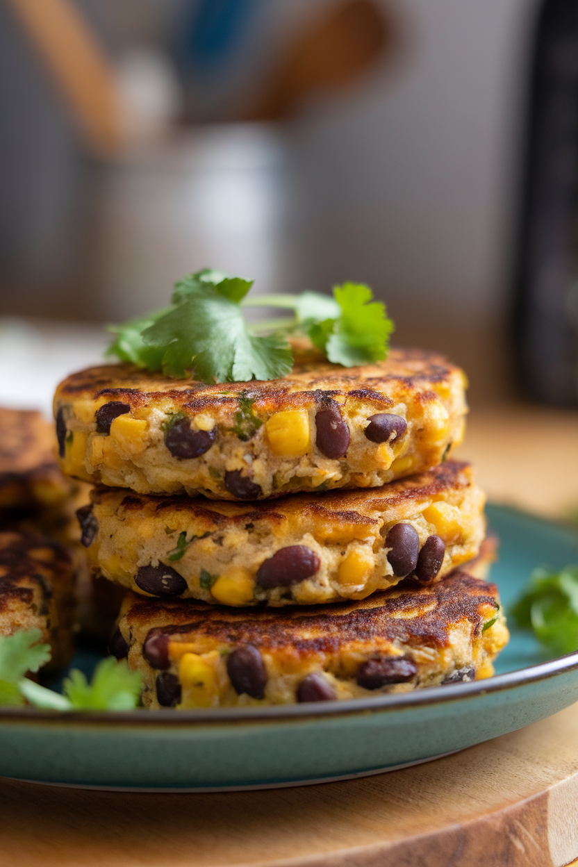 Indoor photo of cooked black bean corn patties stacked on a plate; no text or logos