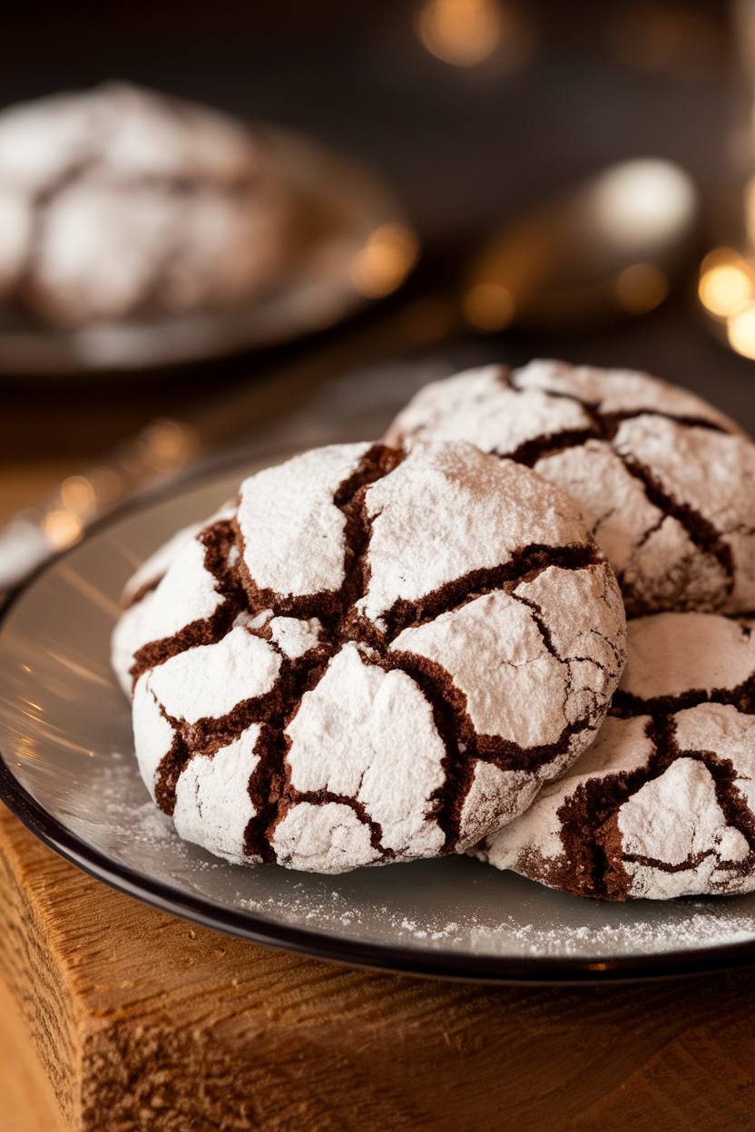 A close-up indoor shot of chocolate crinkle cookies on a plate, powdered sugar dramatically split by fudgy cracks. Warm, indirect lighting; no text or logos.</Prompt