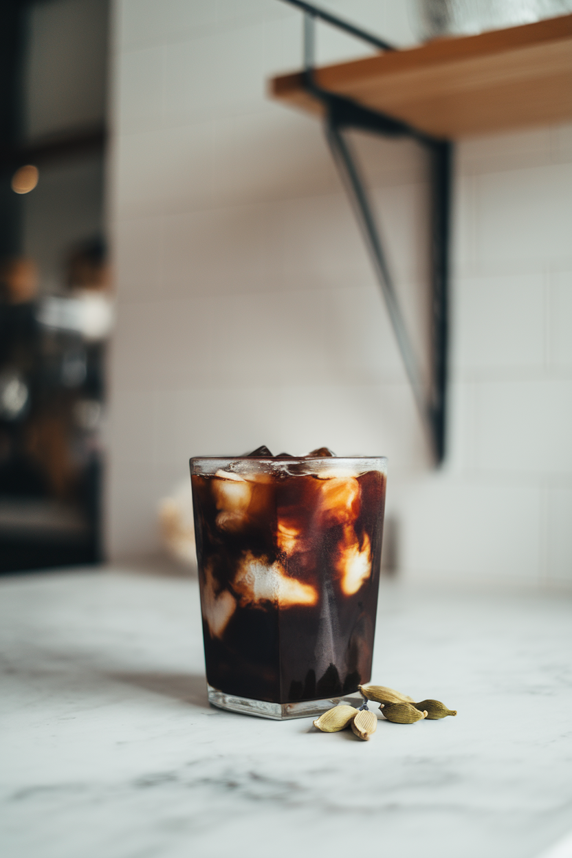 Photo of a glass of dark cold brew coffee over ice, cardamom pods beside, indoor café-style setup. No text or logos.