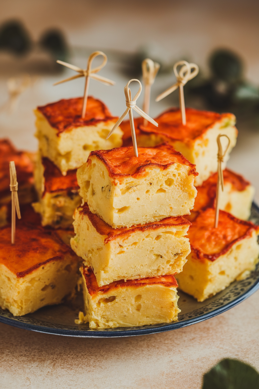 An indoor platter stacked with bite-size squares of Spanish potato omelet, toothpicks inserted, no text or logos.