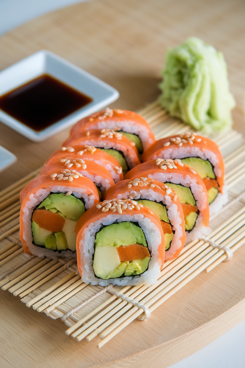 An indoor sushi board with neatly sliced vegetarian maki rolls featuring avocado, cucumber, and carrot, served with soy and pickled ginger. No text or logos present.