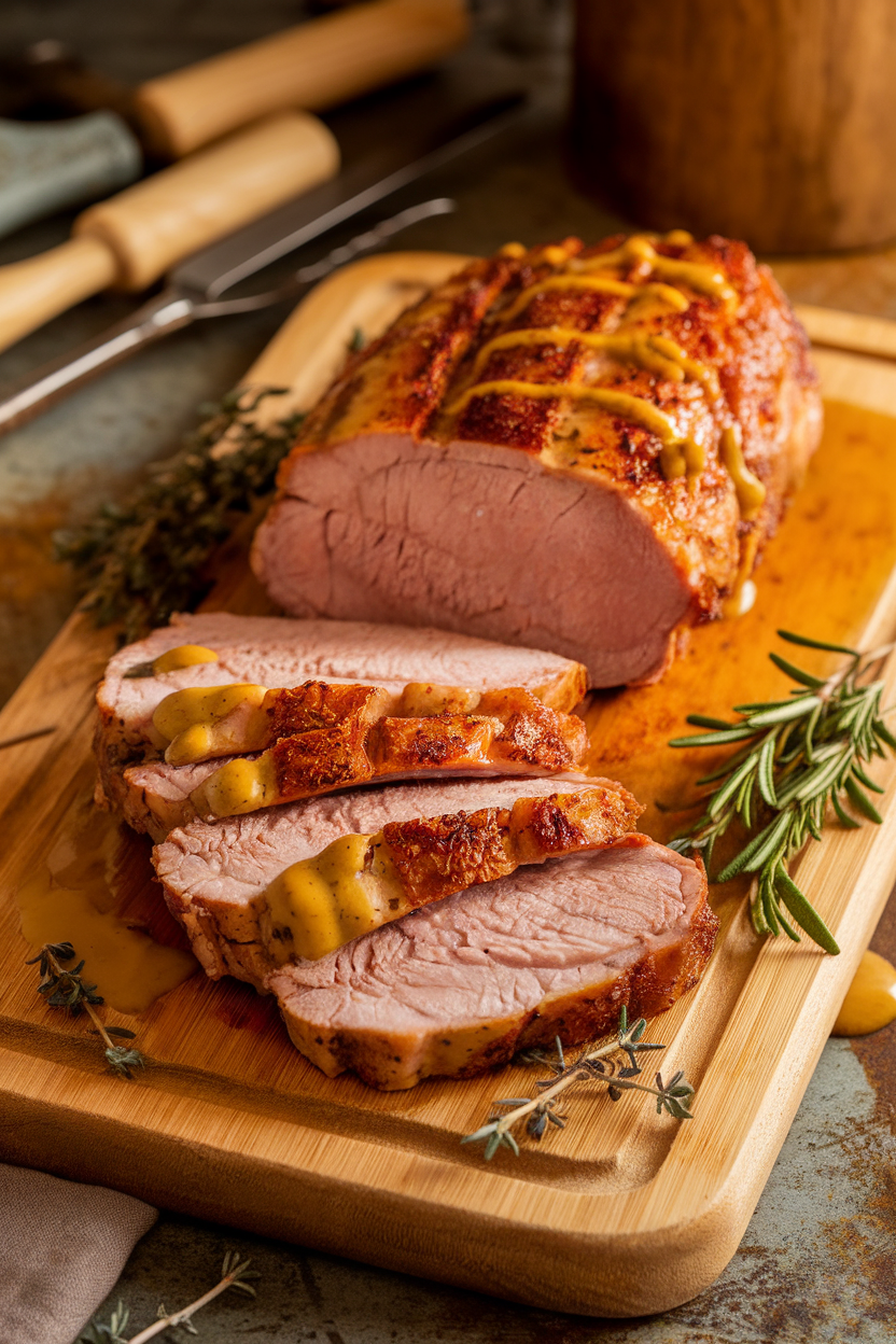 Indoor photo of sliced pork tenderloin drizzled with honey mustard glaze on a board; no text or logos