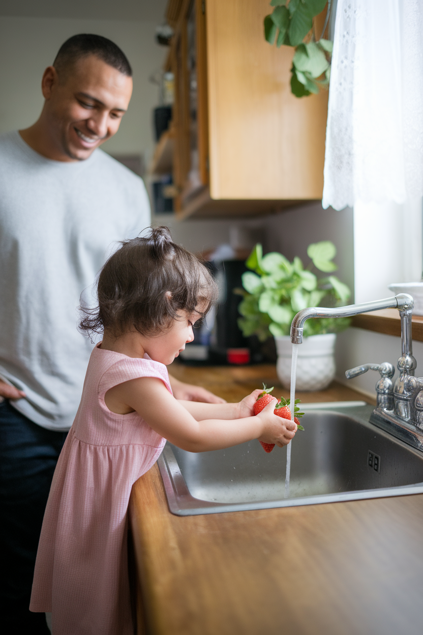 Photo of an indoor family kitchen scene showing a child washing strawberries at the sink while an adult smiles nearby, no text or logos.
