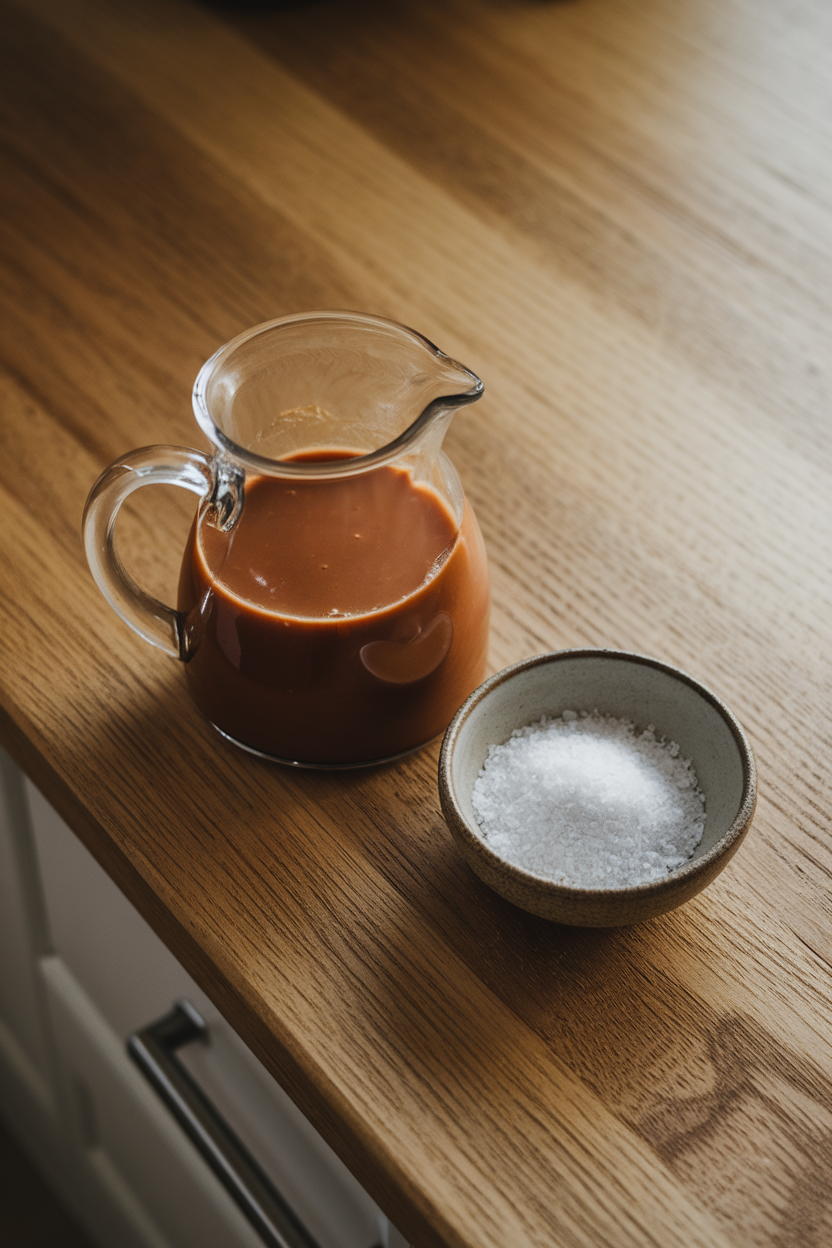 Indoor kitchen counter with warm toffee sauce in a pitcher next to flaky sea salt in a pinch bowl, no text or logos