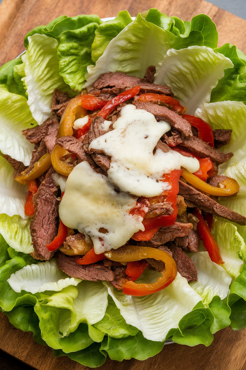 An indoor platter of butter-lettuce leaves filled with thin beef strips, sautéed peppers and onions, and melted provolone. No text or logos present. Photo, not illustration.