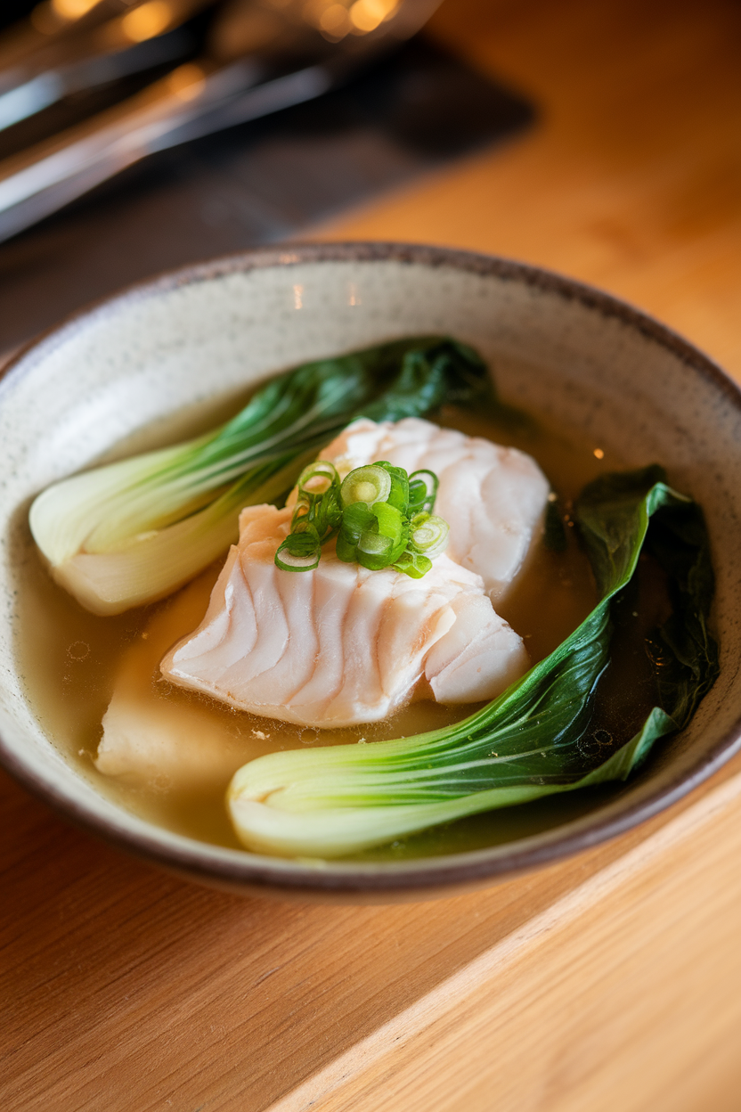 Indoor photo of flaky white cod in light miso broth with bright green bok choy leaves on a shallow bowl. No text or logos.