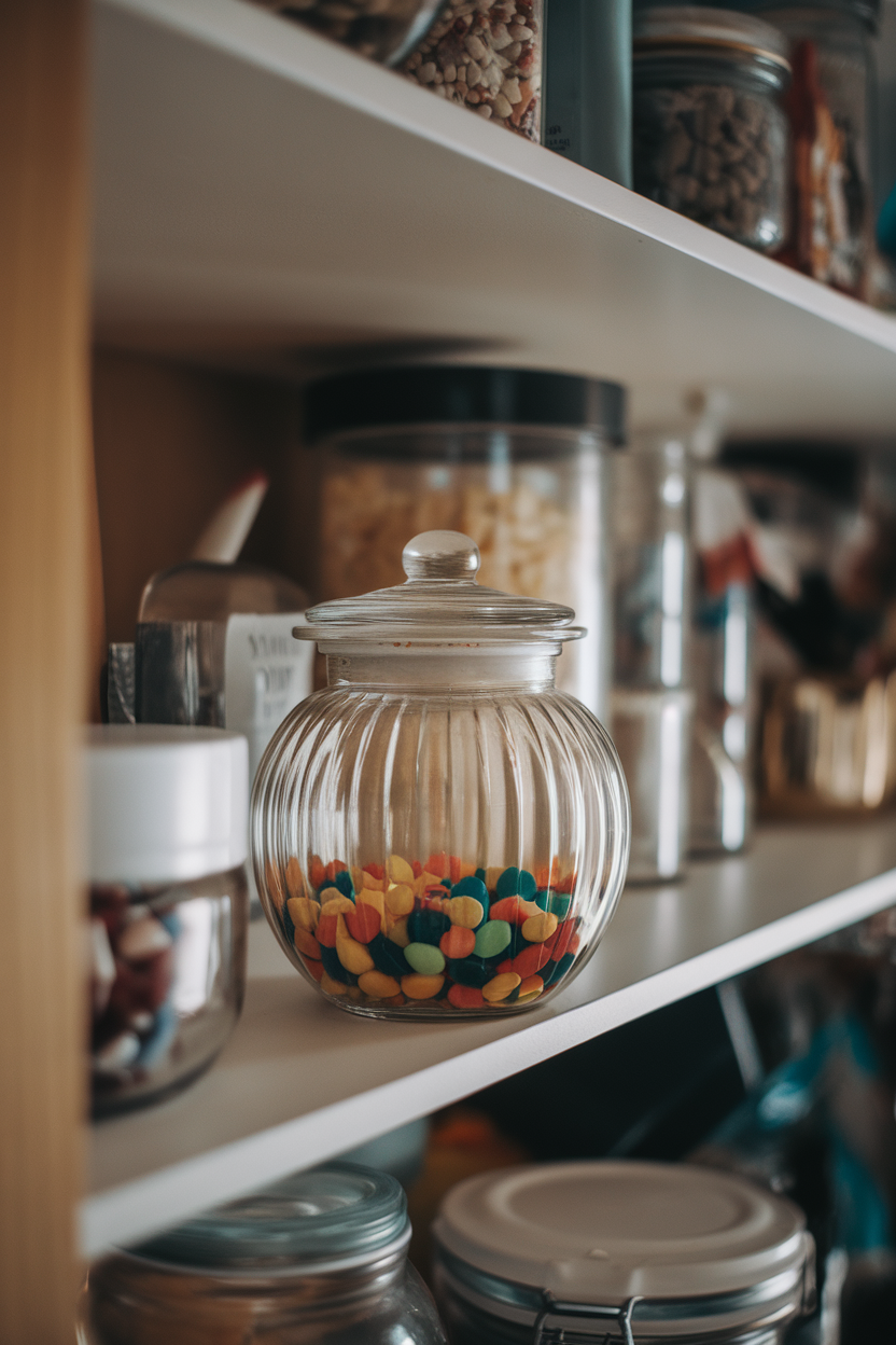 A nearly empty candy jar placed on a high pantry shelf, photographed from a lower angle indoors. No text or logos. Photo, not illustration.