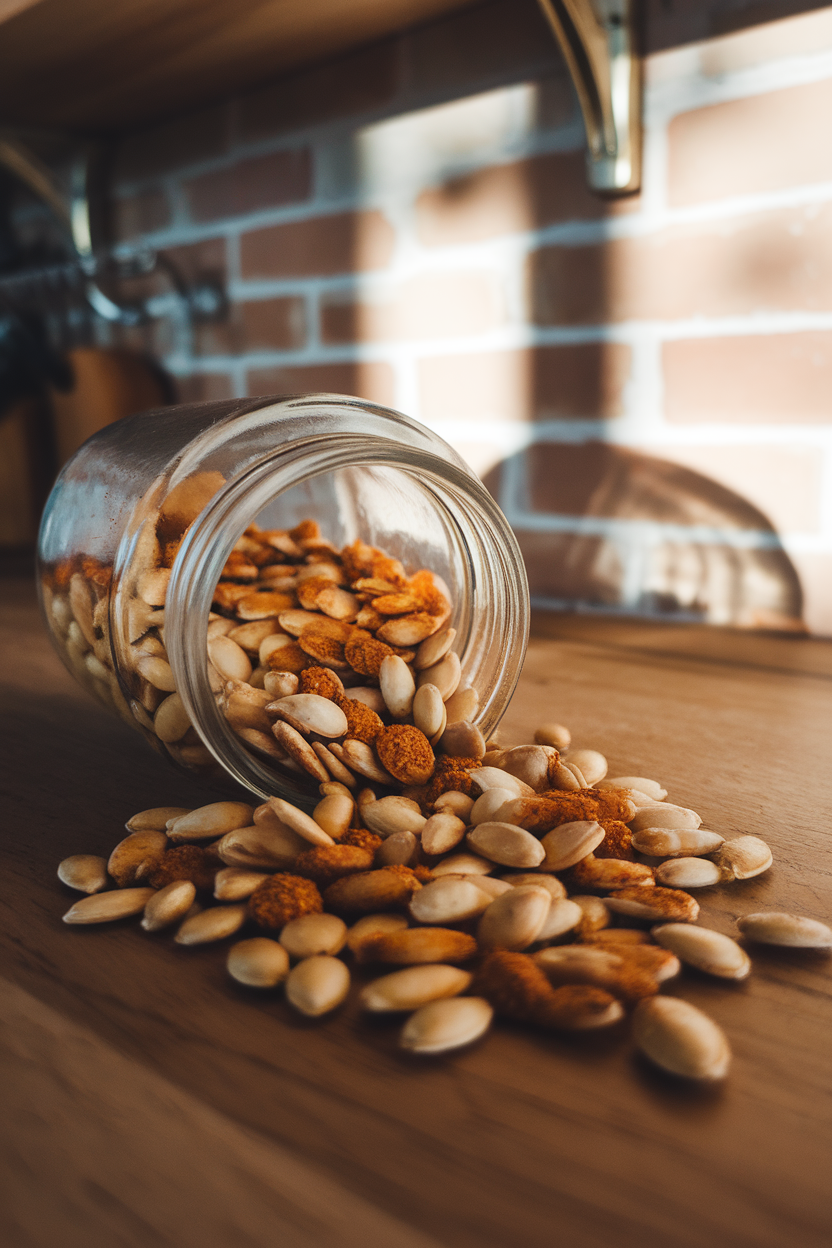 An indoor jar tipped over, spilling small clusters of roasted pumpkin seeds bound with maple and chili powder—photo, no text or logos.