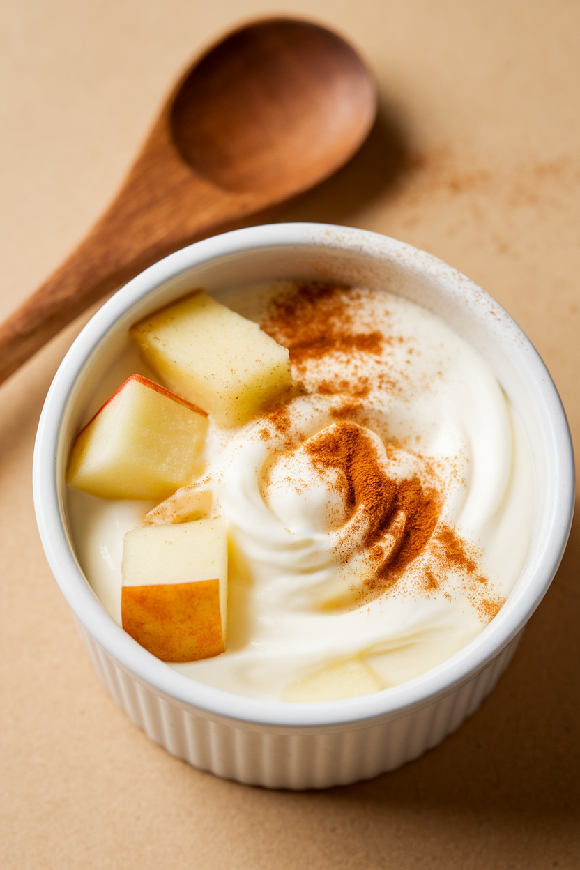 Photo prompt: An indoor ramekin of creamy yogurt with apple cubes and a sprinkle of cinnamon powder, spoon resting alongside. No text or logos.