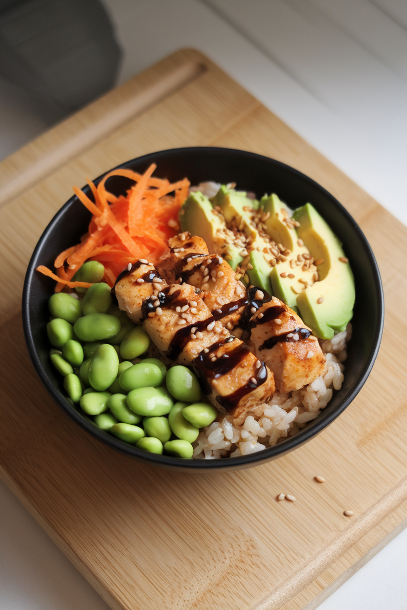 An indoor sushi-inspired bowl of soy-marinated chicken cubes, edamame, shredded carrot, avocado slices, and toasted sesame seeds over brown rice. No text or logos. Photo only.