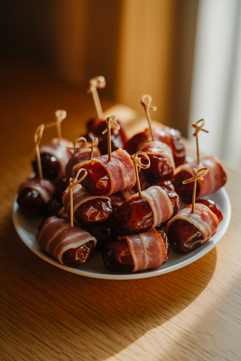 A warmly lit indoor tabletop holding a small white plate piled with glossy bacon-wrapped dates, toothpicks inserted for easy grabbing, no text or logos anywhere.