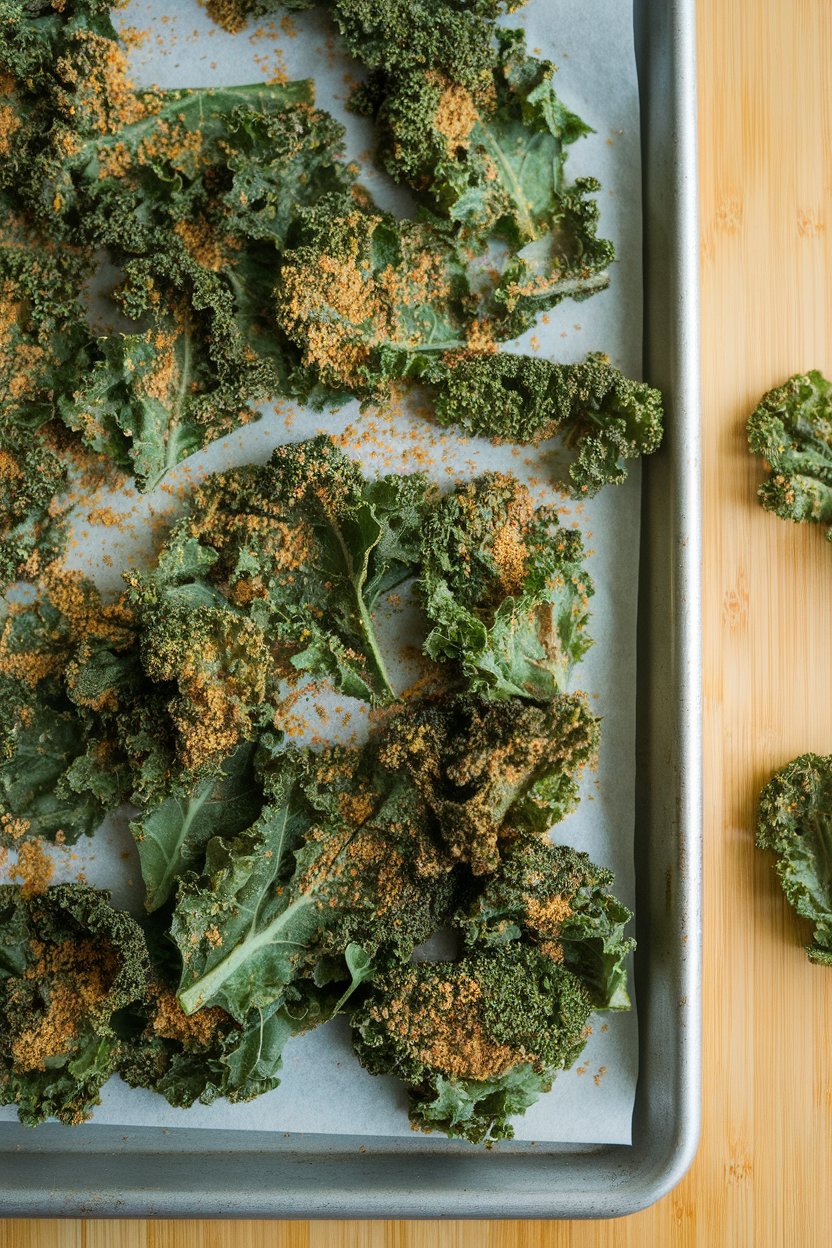 Indoor sheet pan covered with curly kale chips sprinkled with nutritional yeast; bright overhead lighting, no text or logos.