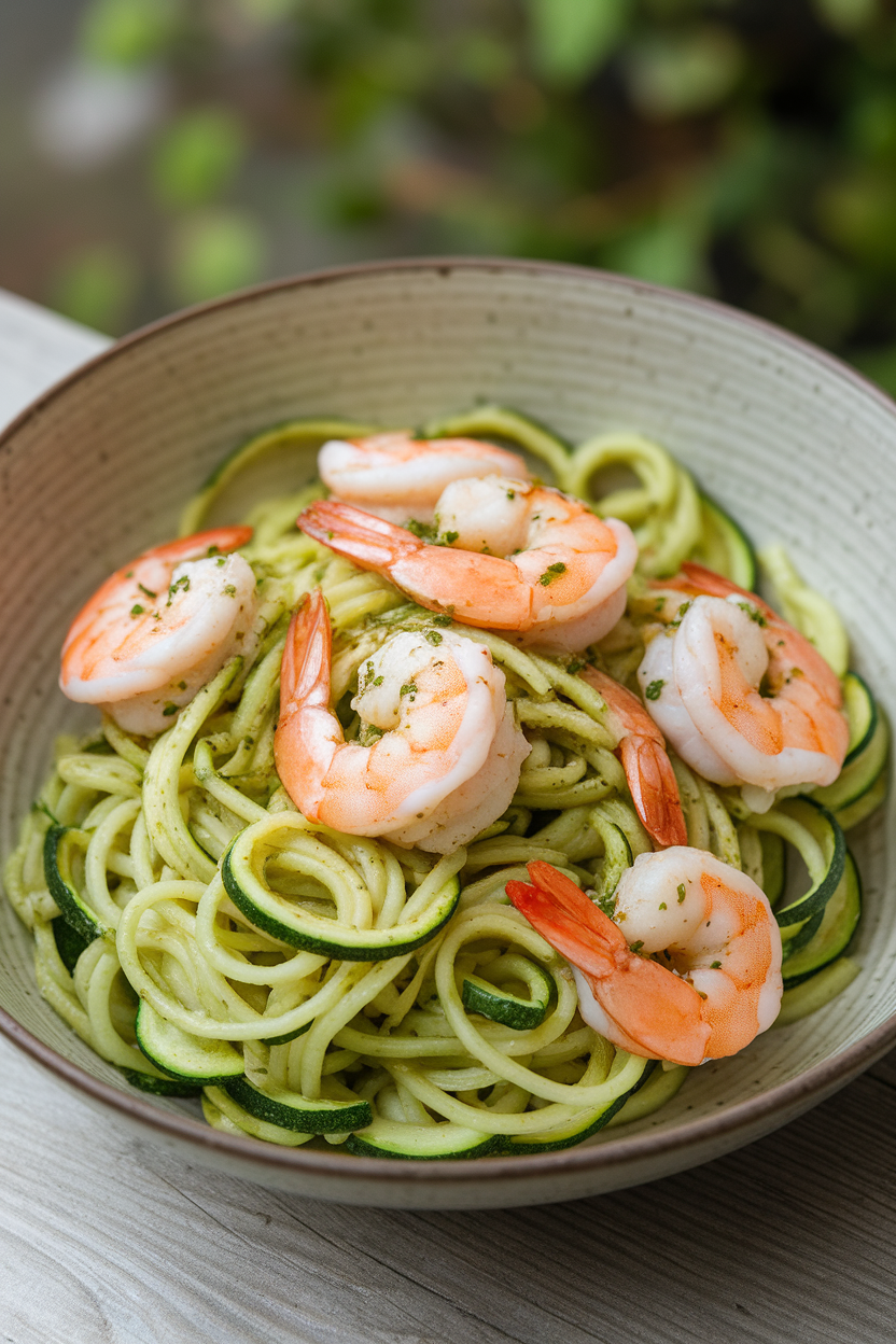 Indoor stovetop shot of sautéed zucchini noodles tossed with basil pesto and pink shrimp, served in a shallow bowl. No text or logos present; photo.