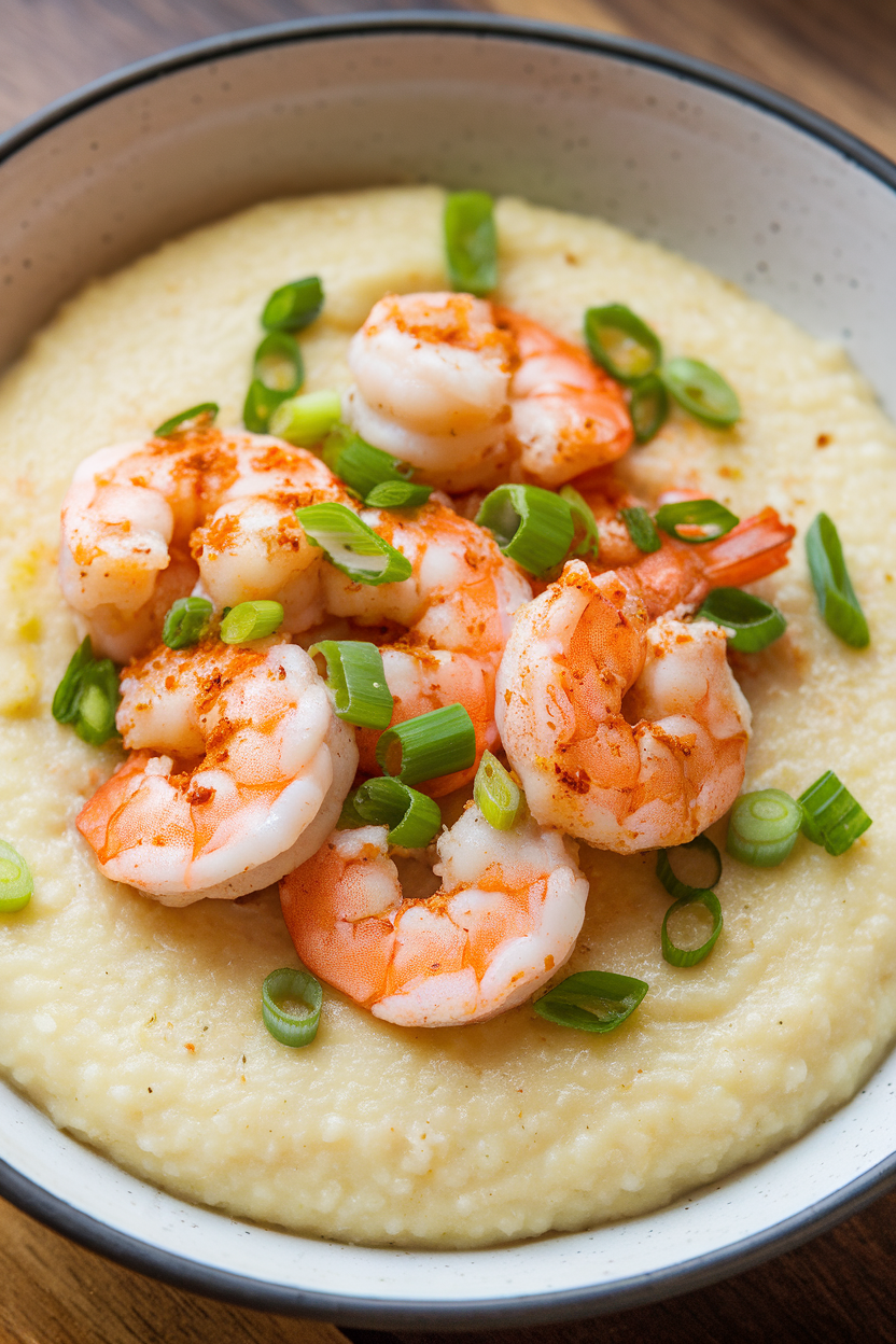 Indoor close-up of creamy cheddar grits topped with spicy sautéed shrimp and chopped green onions, served in a shallow bowl. No branding visible. Photo.