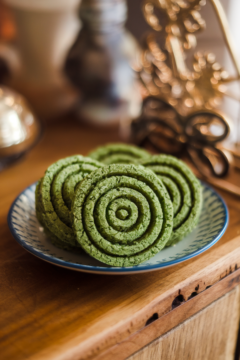 Photo prompt: Green spirulina-tinted coconut cookies on a small plate under indoor lighting, no logos.