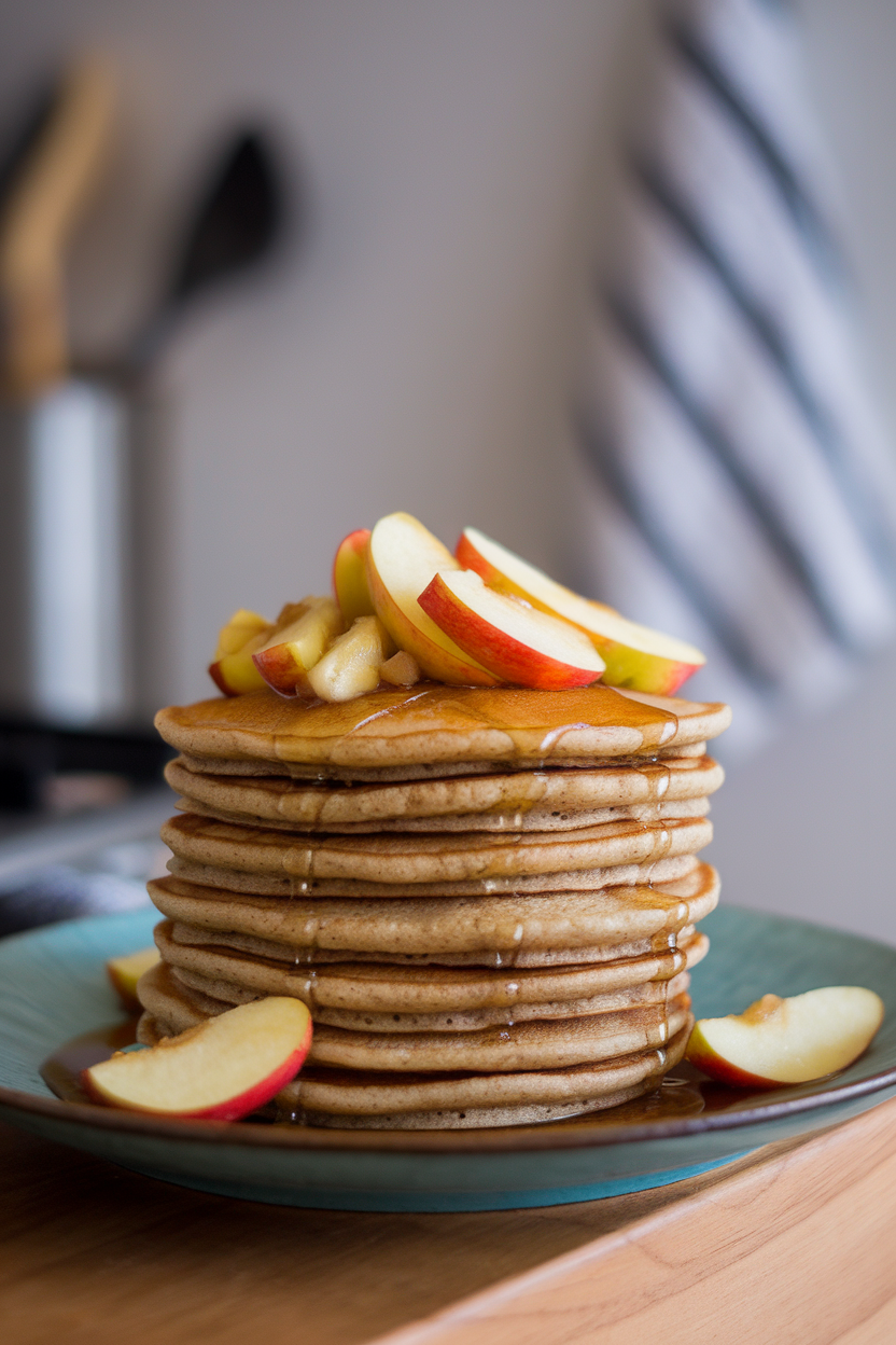 A stack of four silver-dollar whole-wheat pancakes on an indoor kitchen plate, topped with sautéed cinnamon apples and a light drizzle of maple syrup. No text or logos; photo.