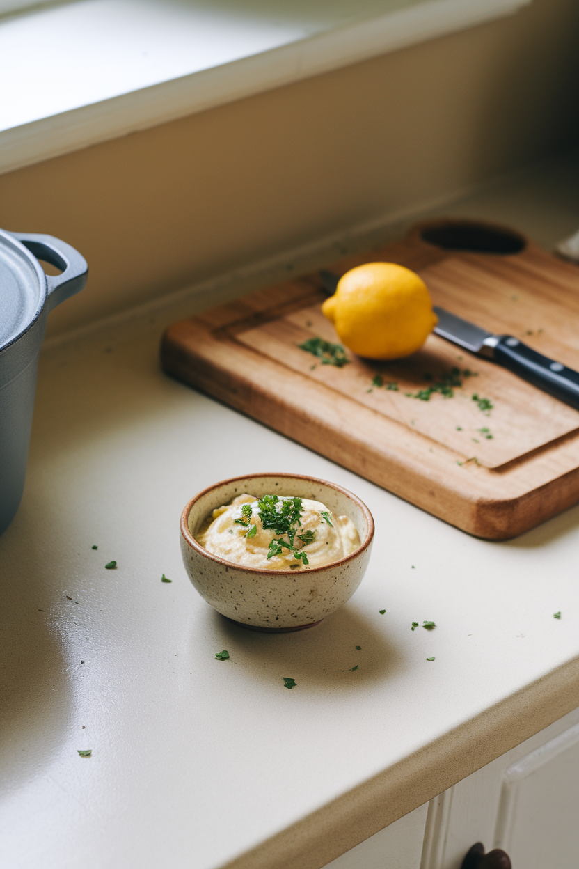 An indoor kitchen counter showing a small ceramic bowl of creamy celeriac remoulade garnished with chopped parsley. No text or logos. Photo.