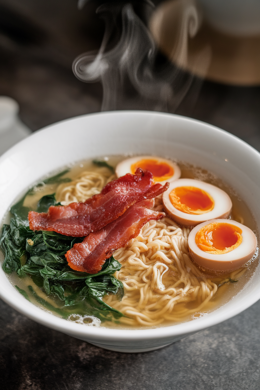 An indoor bowl of light broth ramen topped with soft-boiled egg halves, bacon strips, and sautéed spinach, steam visible, no text or logos.