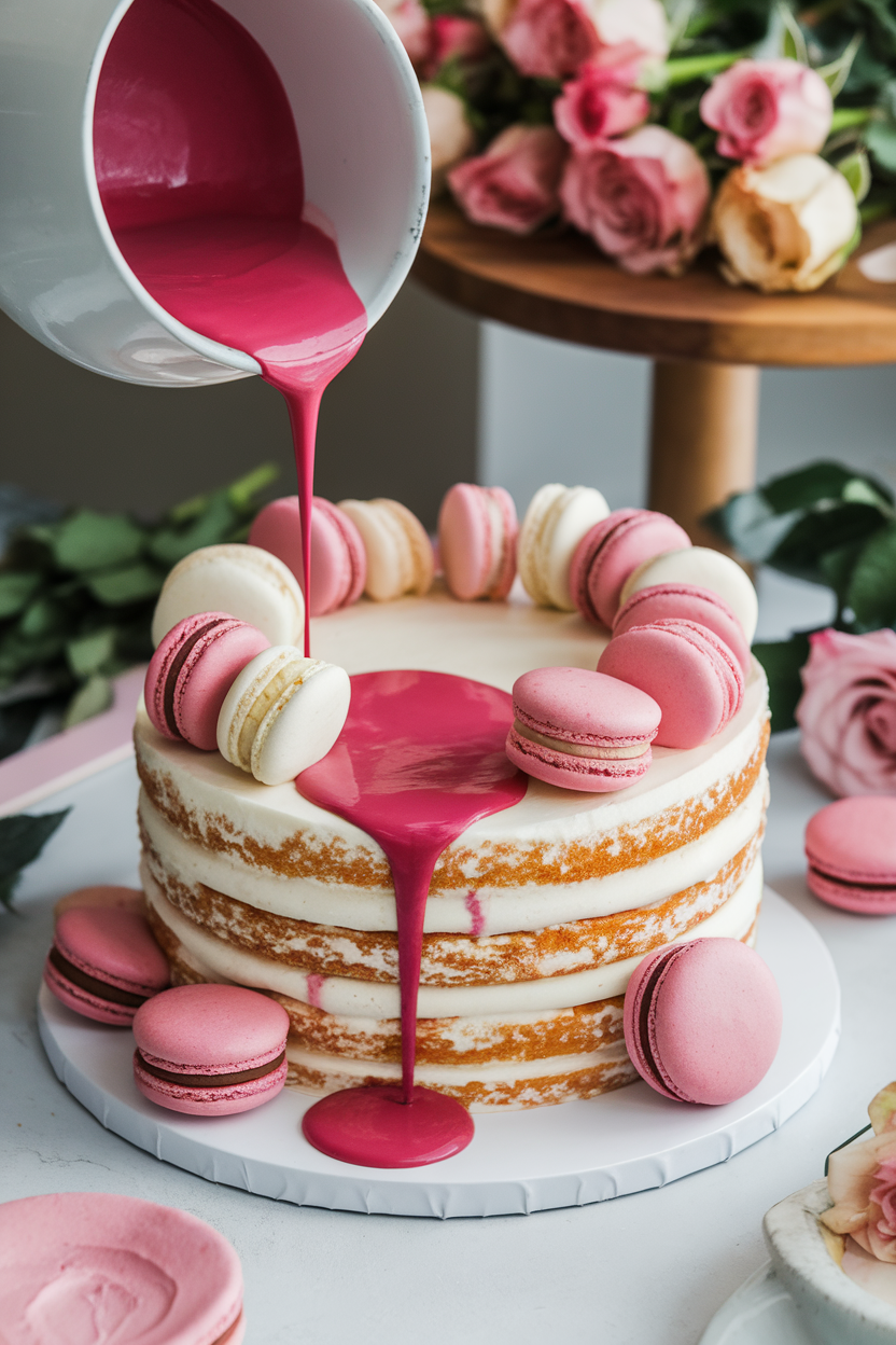 Indoor pastry scene of vibrant pink ruby chocolate ganache being poured along the edge of a chilled cake, no text or logos