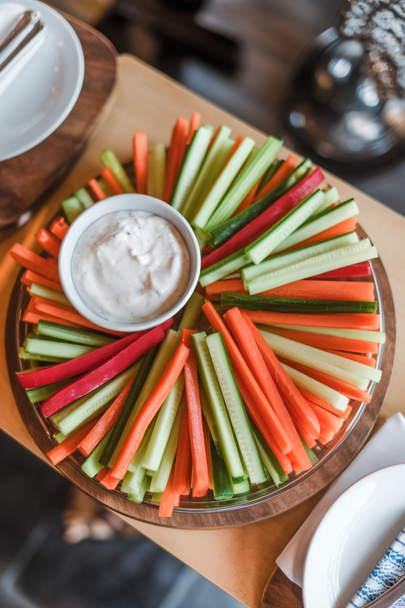Indoor platter of colorful vegetable sticks beside a small bowl of creamy yogurt dip, overhead view. No text or logos.