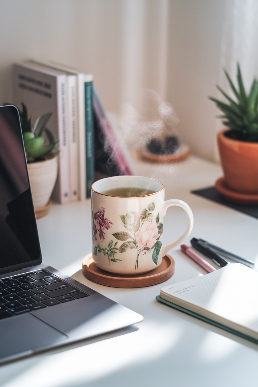 A serene indoor desk setup with a steaming mug of green tea beside a closed laptop, soft morning light. No logos or text on mug. Photo.