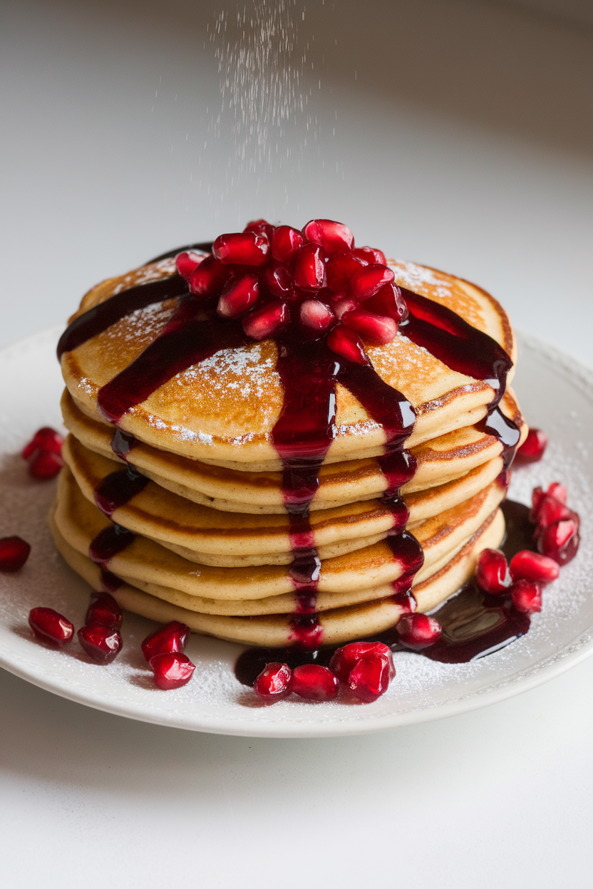 Indoor photo of golden pancakes drizzled with dark pomegranate molasses and sprinkled with ruby pomegranate arils; no text or logos.