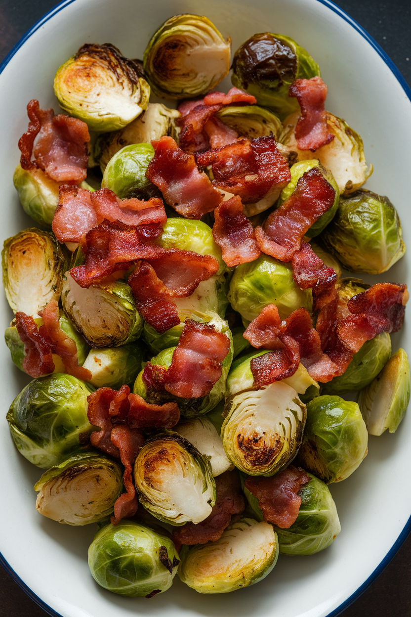Indoor photo of roasted Brussels sprouts tossed with crisp bacon pieces in a serving dish; no text or logos