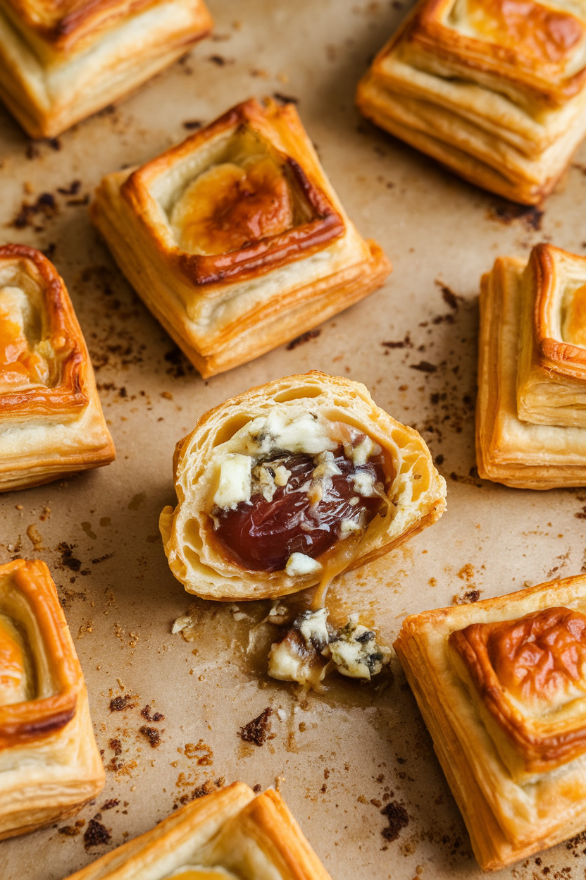An indoor baking sheet of bite-size puff pastry parcels, one cut open to reveal a gooey date and blue cheese center. No text or logos in scene.