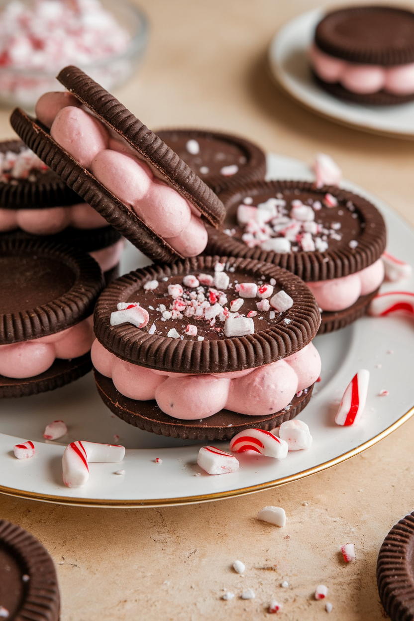 Indoor plate with dark chocolate wafer cookies sandwiched around pink peppermint cream, crushed candy canes on edges. Photo, no text or logos.