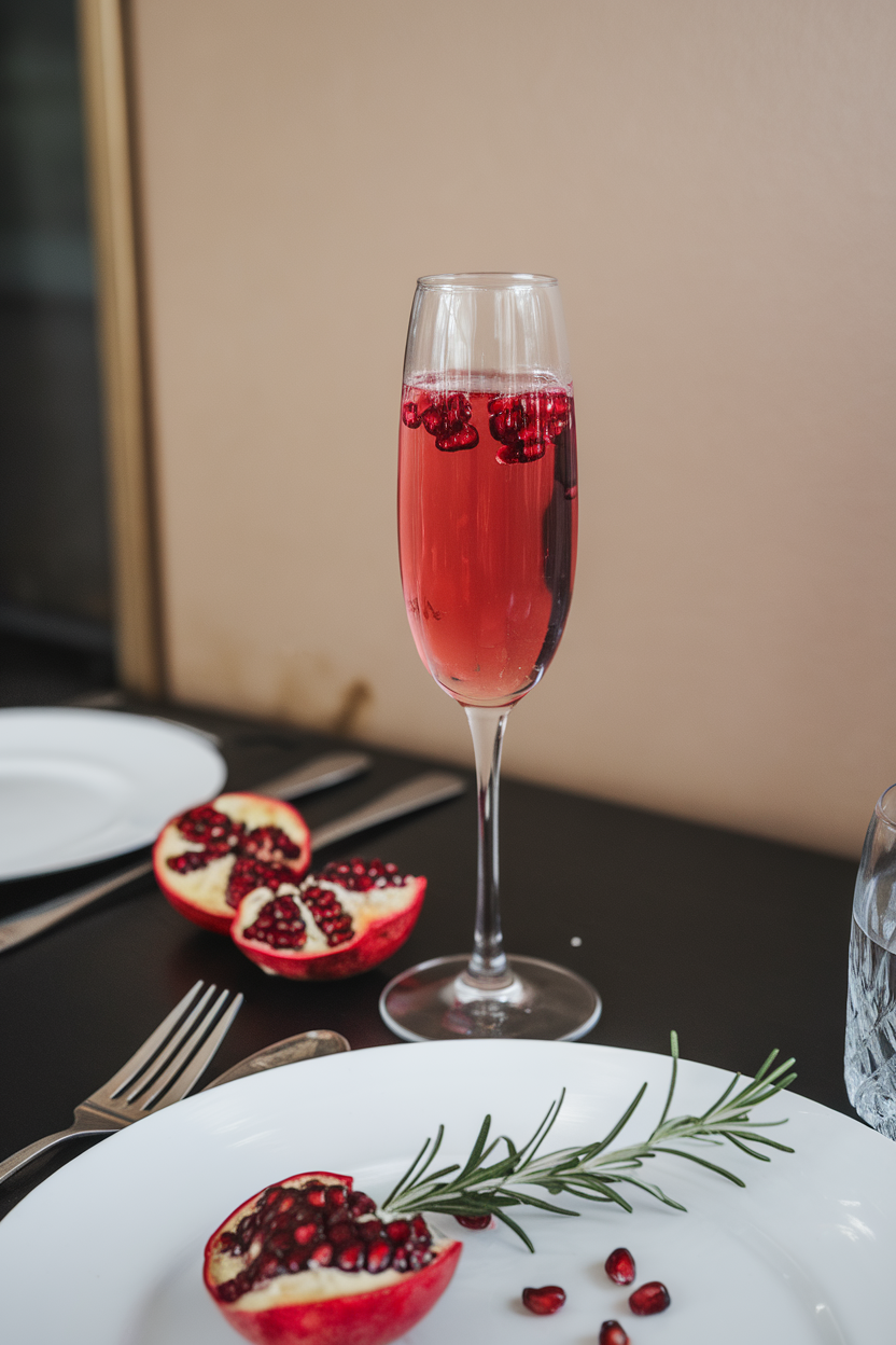 An indoor dining table with a champagne flute holding bright pink liquid and floating pomegranate arils like little rubies. Photo, not illustration. No text or logos.