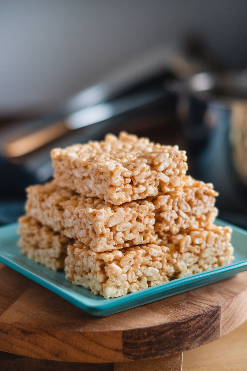 Indoor square plate stacked with gooey rice krispie treats, browned butter flecks visible; no text or logos. Photo, not illustration.