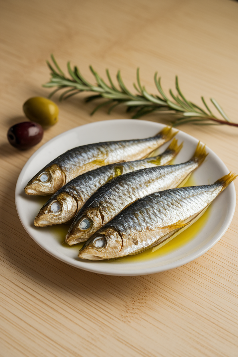 Indoor photo of cooked sardine fillets laid neatly on a small white plate, olive oil glistening; no text or logos