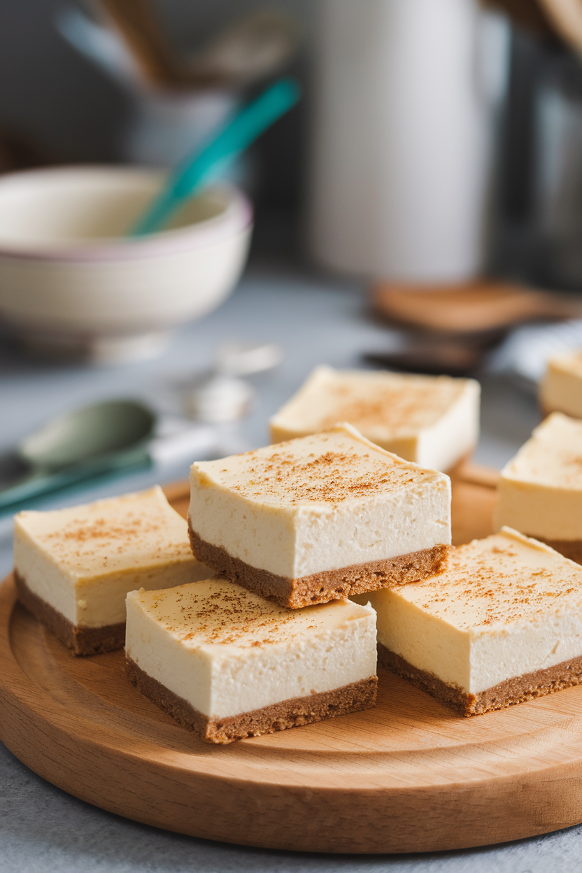 An indoor cutting board featuring square cheesecake bars with nutmeg-speckled tops, no logos.