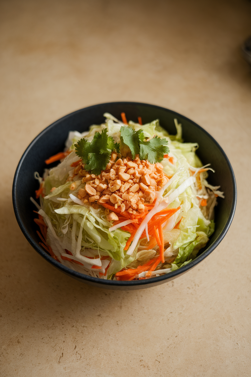 Photo of an indoor countertop featuring rice noodles tossed with shredded cabbage, carrots, crushed peanuts, and cilantro in a deep bowl. No logos or text present.