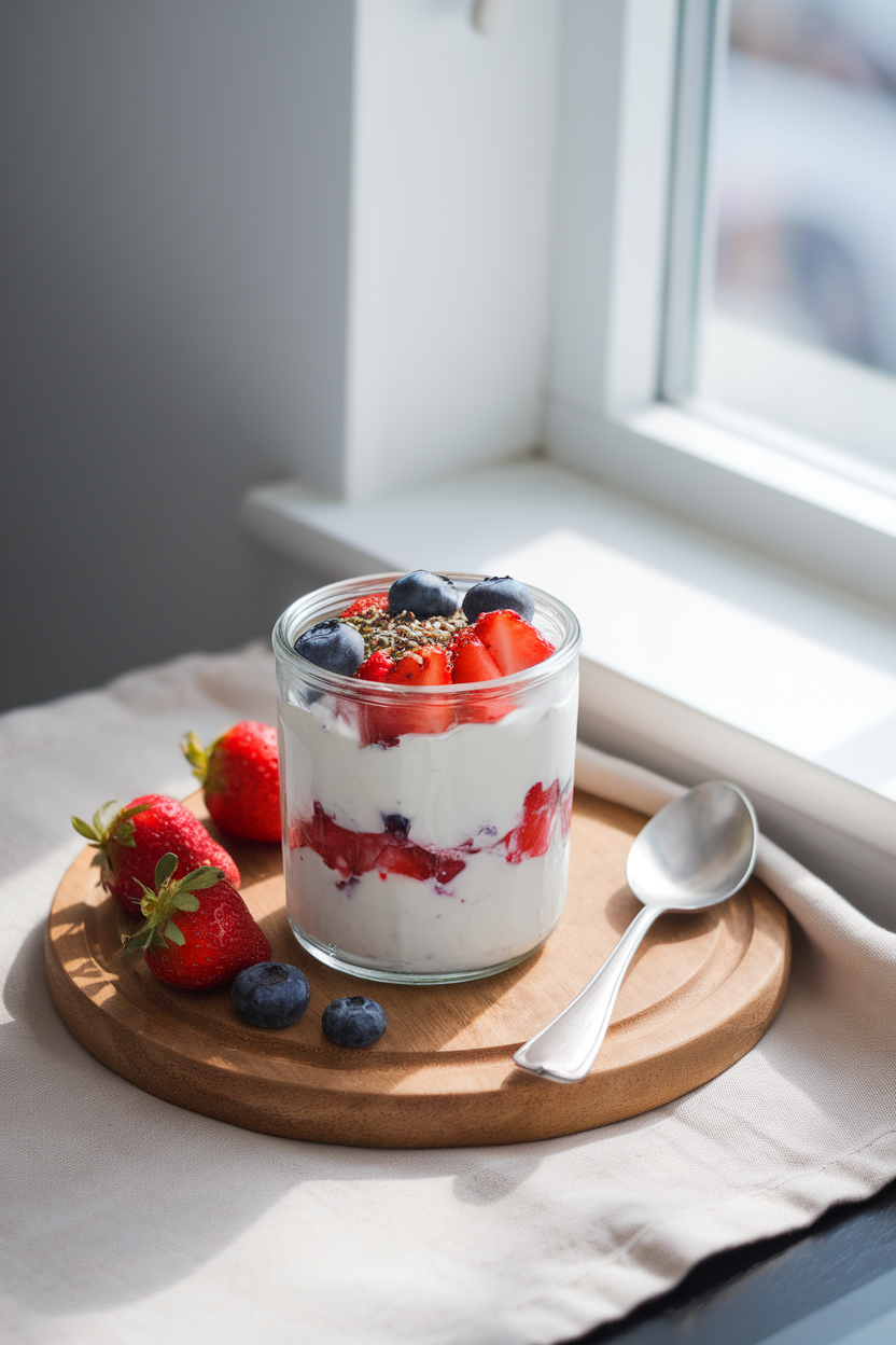 Photo of an indoor breakfast table with a clear glass jar layered with thick Greek yogurt, fresh blueberries and strawberries, and a sprinkle of hemp seeds on top. Soft morning light from a nearby window, no text or logos anywhere in the scene.