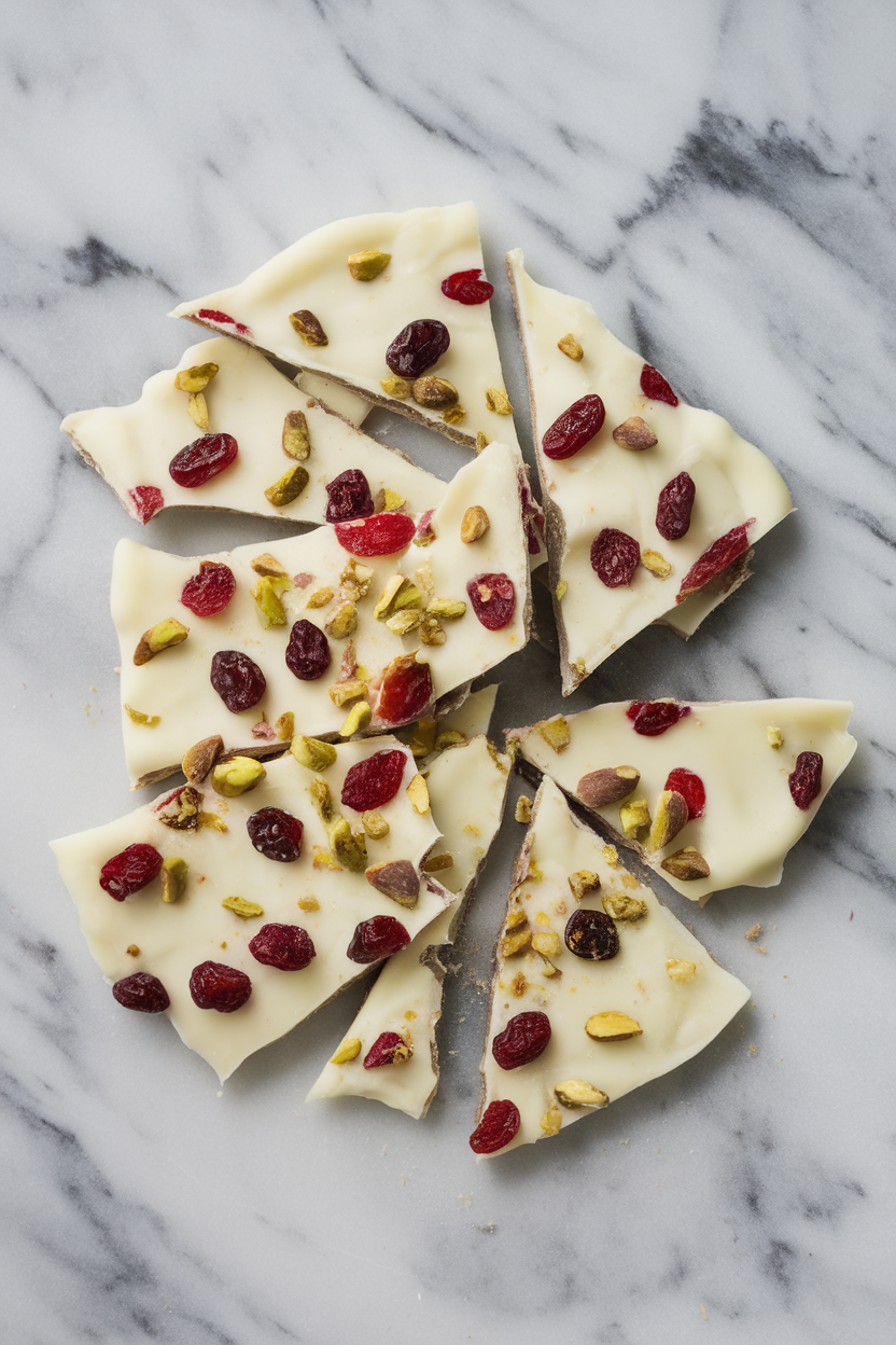 An indoor marble countertop showcasing broken shards of white chocolate bark dotted with dried cranberries and pistachios. Photo, no text or logos.