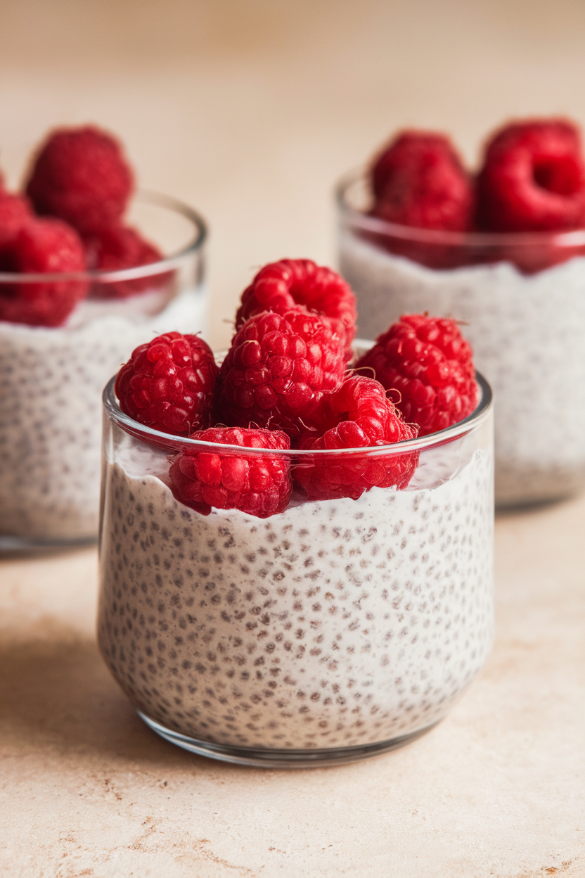 A small indoor dessert cup filled with creamy coconut chia pudding topped with fresh raspberries. No text or logos. Photo only.