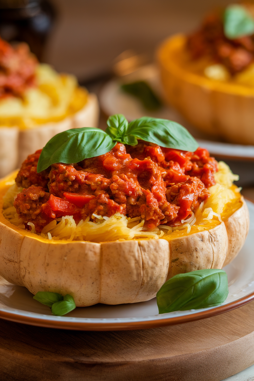 Indoor photo of tender spaghetti squash strands topped with turkey Bolognese sauce and fresh basil; no text or logos.