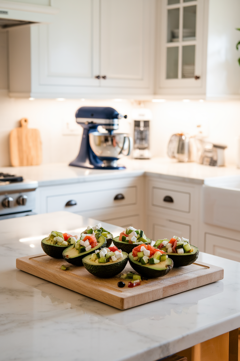 A bright indoor kitchen island displaying halved avocados filled with diced cucumber, tomato, feta, and olives. No text or logos. Photo, not illustration.