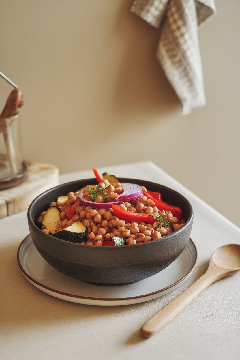 Photo of an indoor kitchen table with a deep bowl of cooked spelt berries, roasted zucchini, red onion, and bell peppers, tossed lightly. No branding present.
