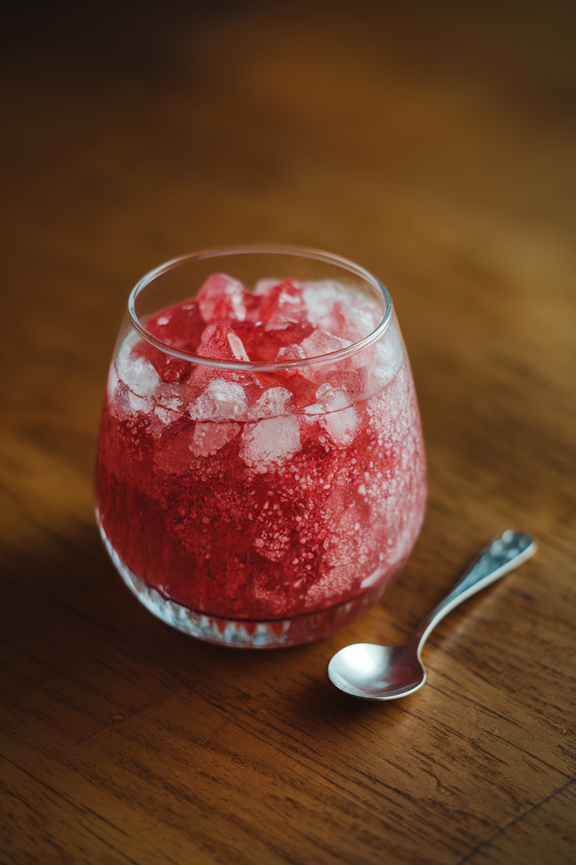 An indoor stemless glass containing ruby-red granita crystals with a tiny spoon—no text or logos; photo, not illustration