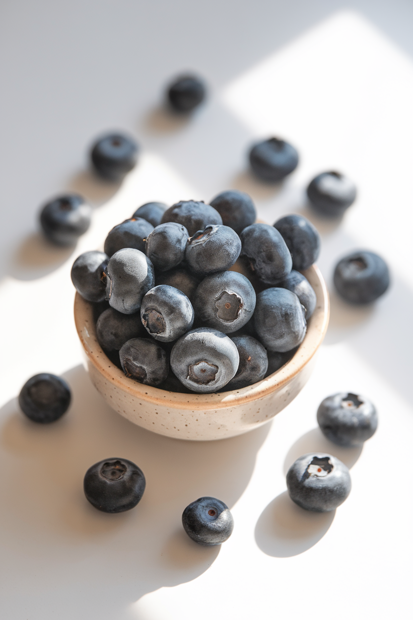 A bright indoor tabletop with a small ceramic bowl brimming with fresh blueberries, a few berries scattered artistically around the bowl, no text or logos.
