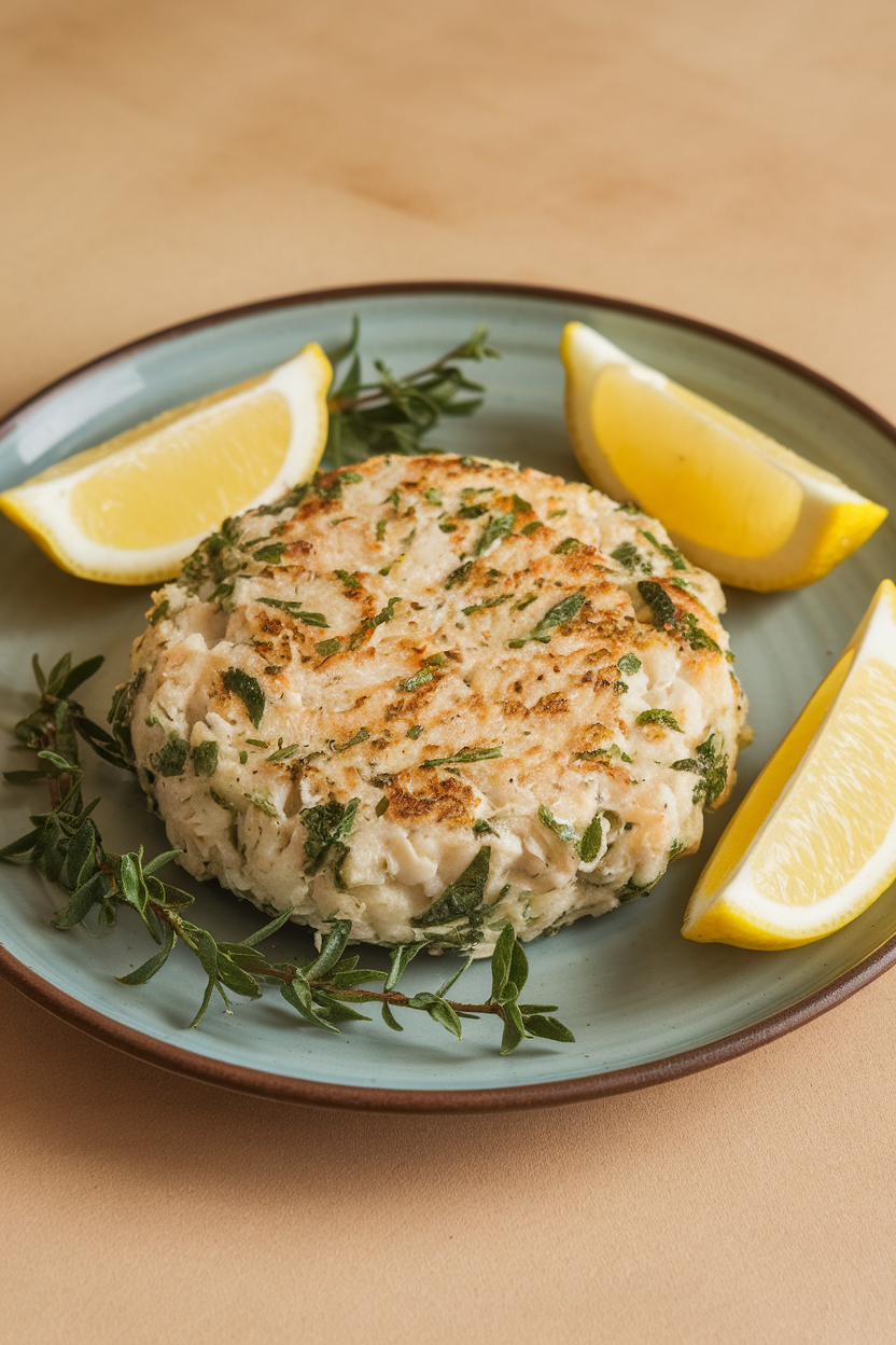 Photo of a cooked cod patty coated in fresh herbs, presented on a plate with lemon wedges indoors; no text or logos; photo, not illustration