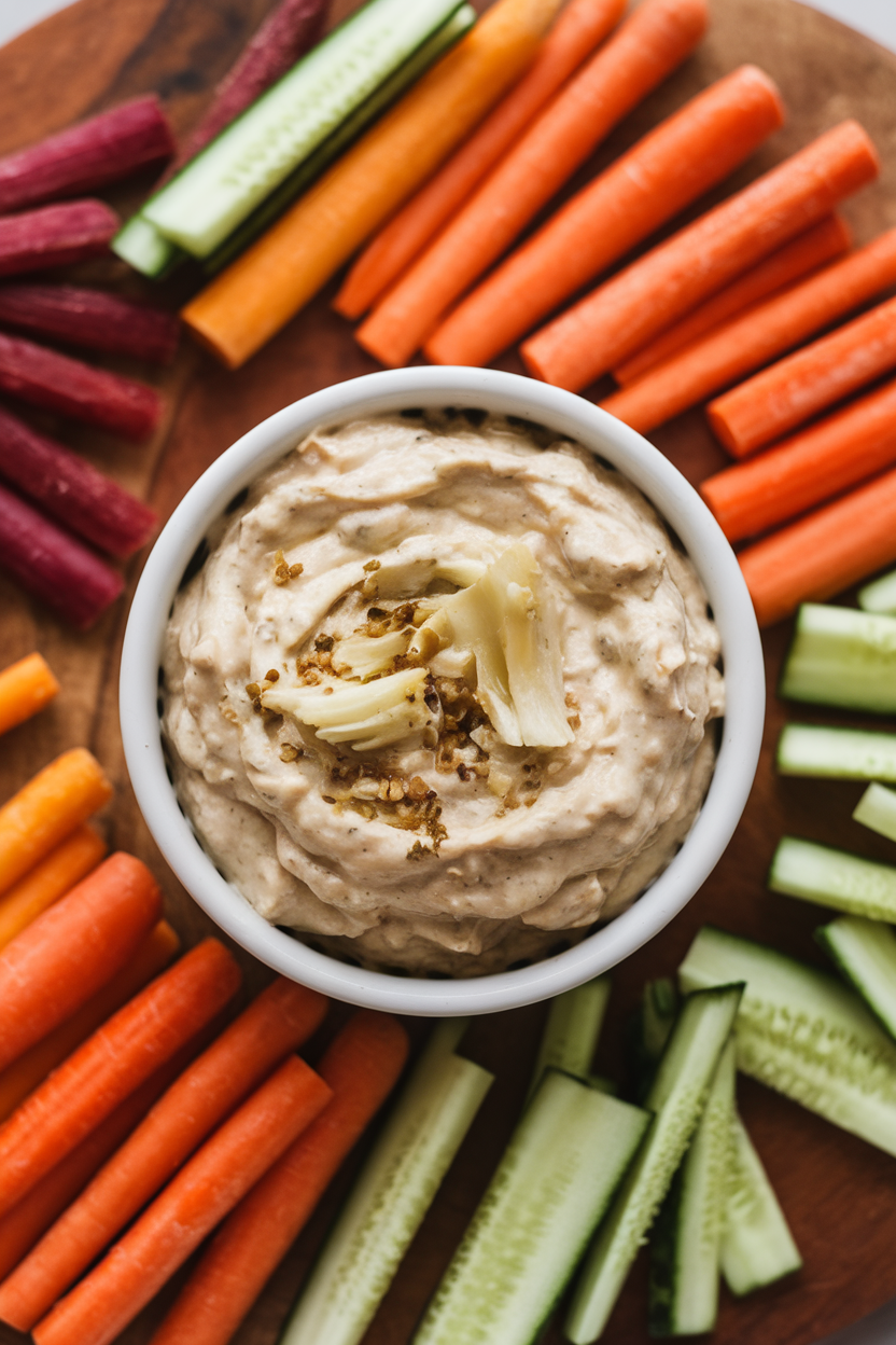 Indoor photo of a ramekin filled with creamy artichoke-white bean dip, surrounded by colorful carrot and cucumber sticks on a wooden board; overhead light, no text or logos