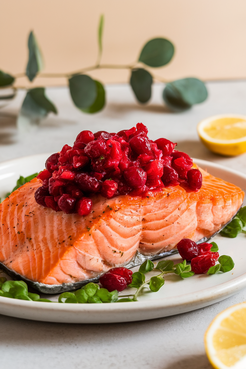 Photo of baked salmon fillet topped with bright cranberry relish on a white platter indoors; no raw fish, no text or logos.