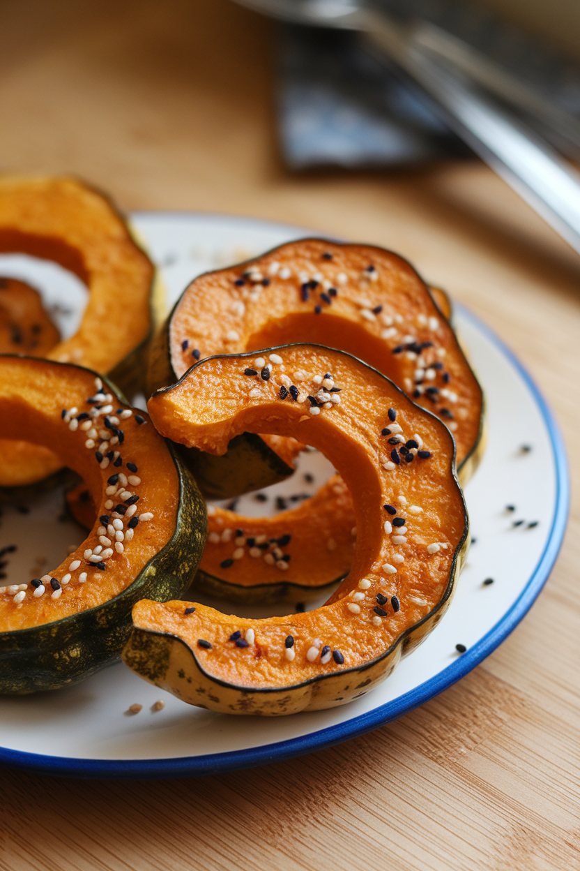 An indoor plate of crescent-shaped delicata squash rings roasted until golden, sprinkled with black and white sesame seeds. This should be a photo, not an illustration. No text or logos anywhere in the scene.