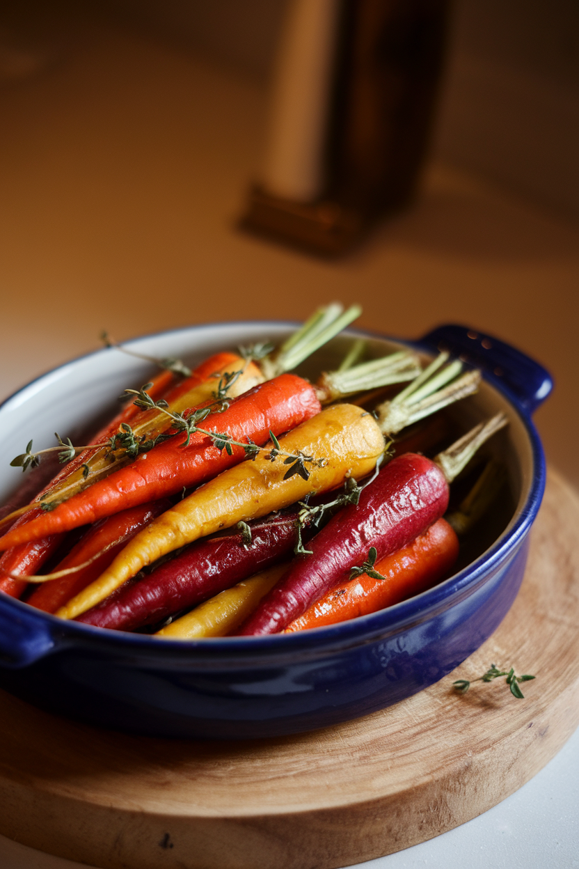 A ceramic serving dish filled with roasted rainbow carrots glazed in honey and sprinkled with fresh thyme, shot indoors under warm light. No text or logos. Photo only.
