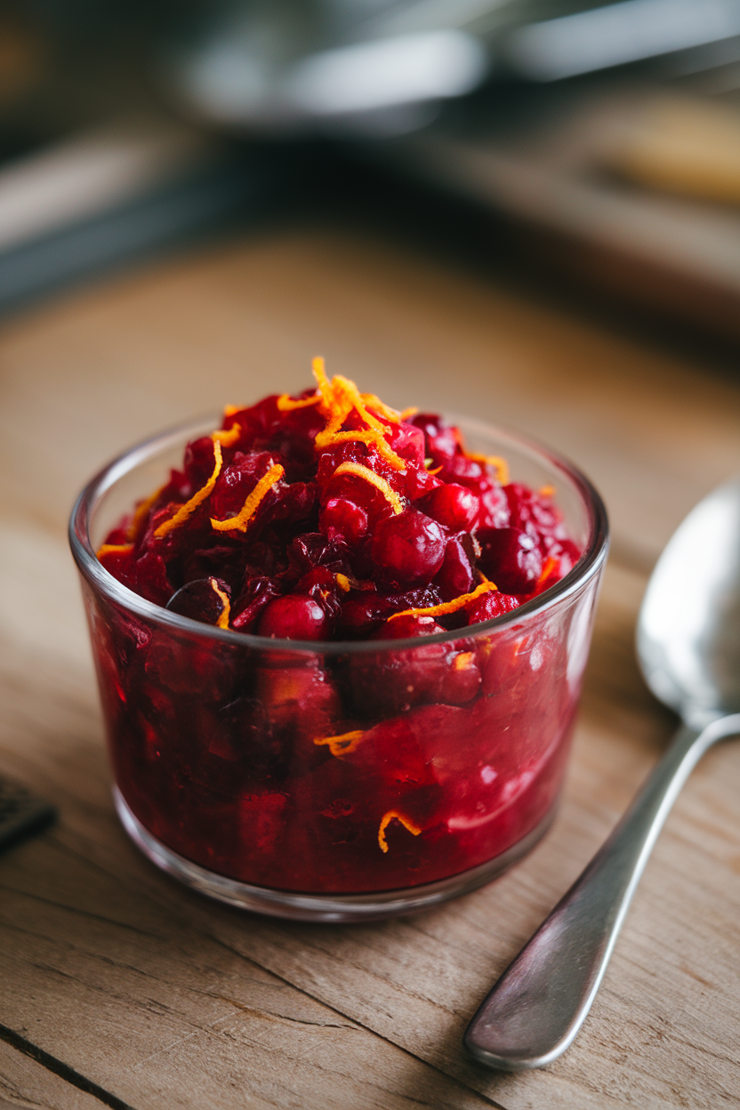 A small glass bowl indoors filled with vibrant crimson cranberry relish flecked with orange zest, spoon resting nearby. No text or logos. Photo.