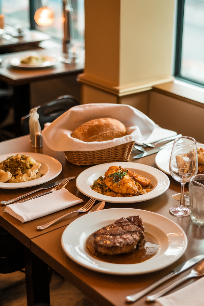Photo prompt: An indoor restaurant table where a covered bread basket sits untouched, entrée plates in focus, no branding.